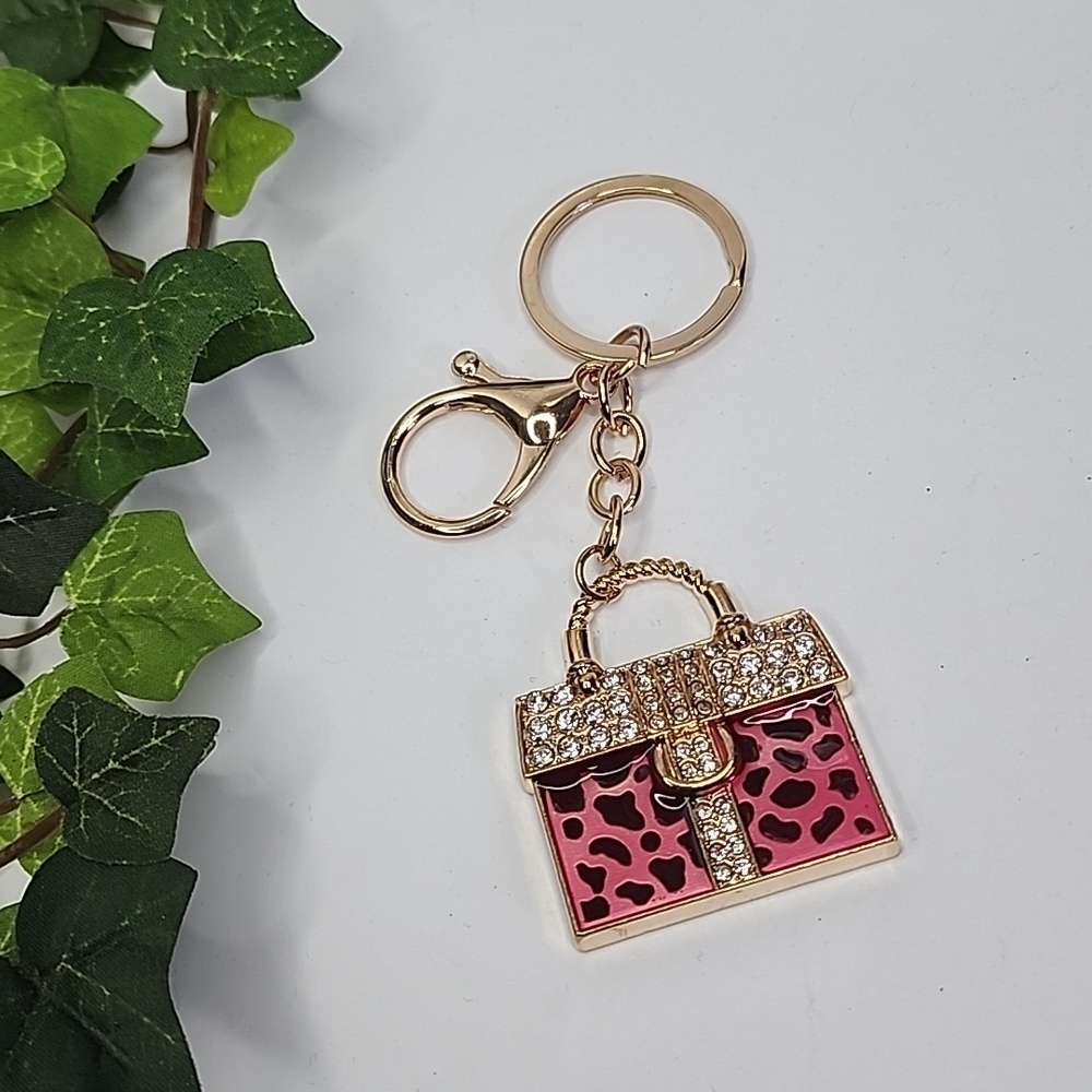 Gold with Pink Animal Print Purse Keychain Purse Charm